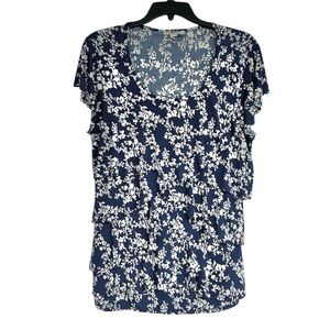 Dress Barn size medium Navy Blue and White Floral round neck Ruffled Blouse